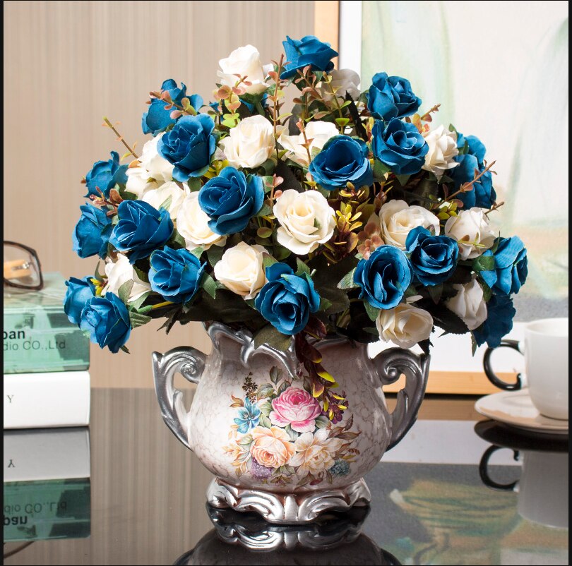 1set European artificial flower+vase living room home table wedding decor potted bonsai ornament silk flores +Ceramic vase: i1