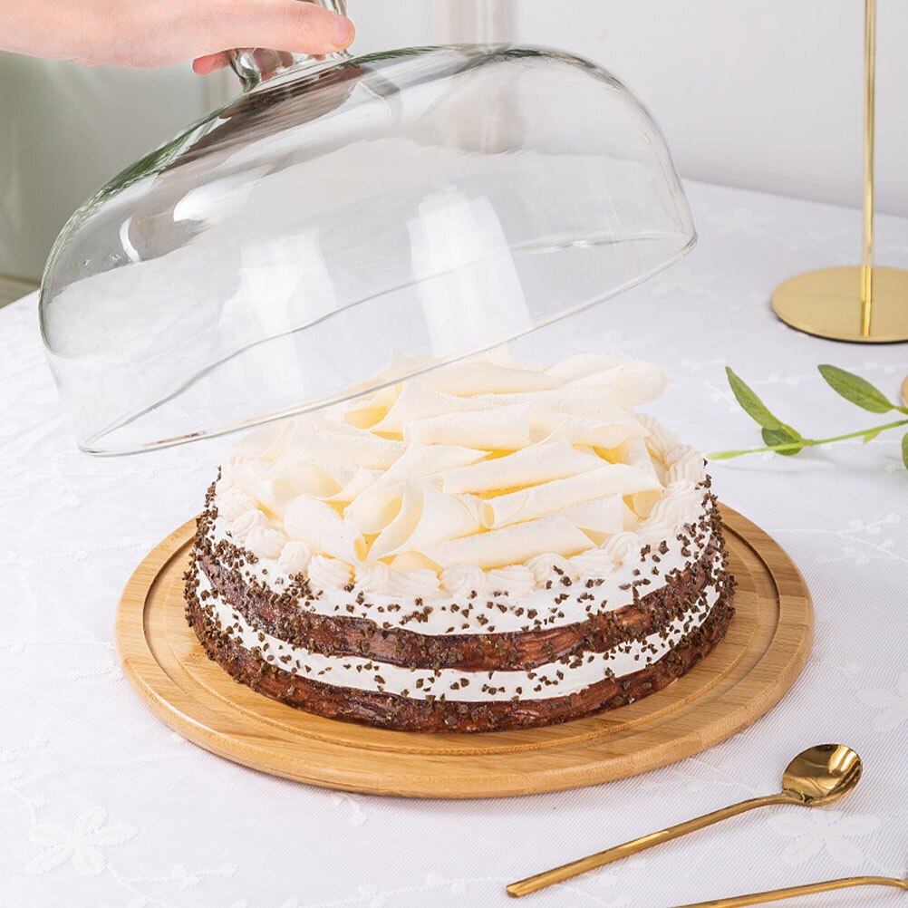 1 Set Plate Pastry Plate Convenient Snack Tray With Glass Cover Dustproof Cake Glass Cover Food Cover With Bamboo Wood Tray