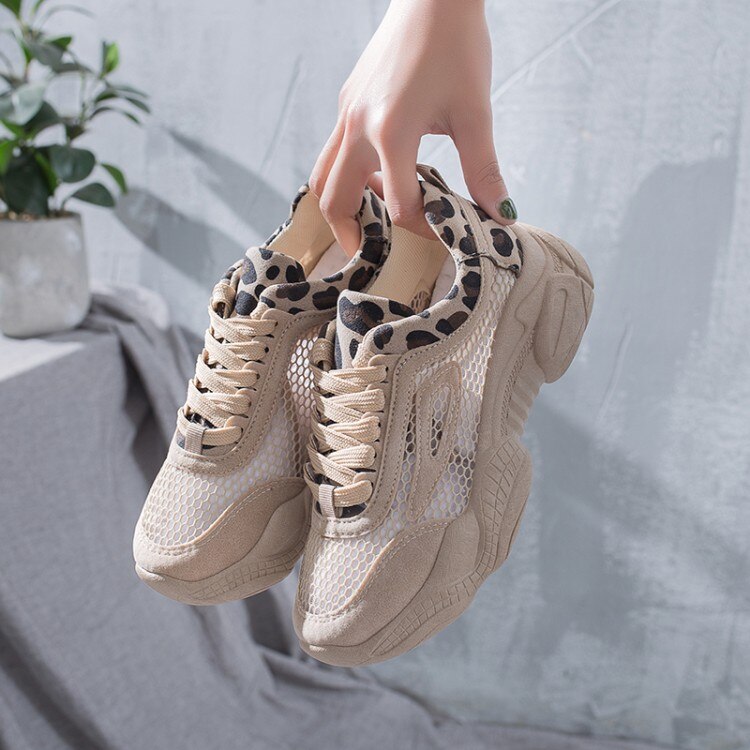 Vrouwen Schoenen Luipaard Holle Mesh Ademende Chunky Platform Sneakers Voor Vrouwen Vulcaniseer Schoenen Zomer Lederen Casual Schoenen: 36