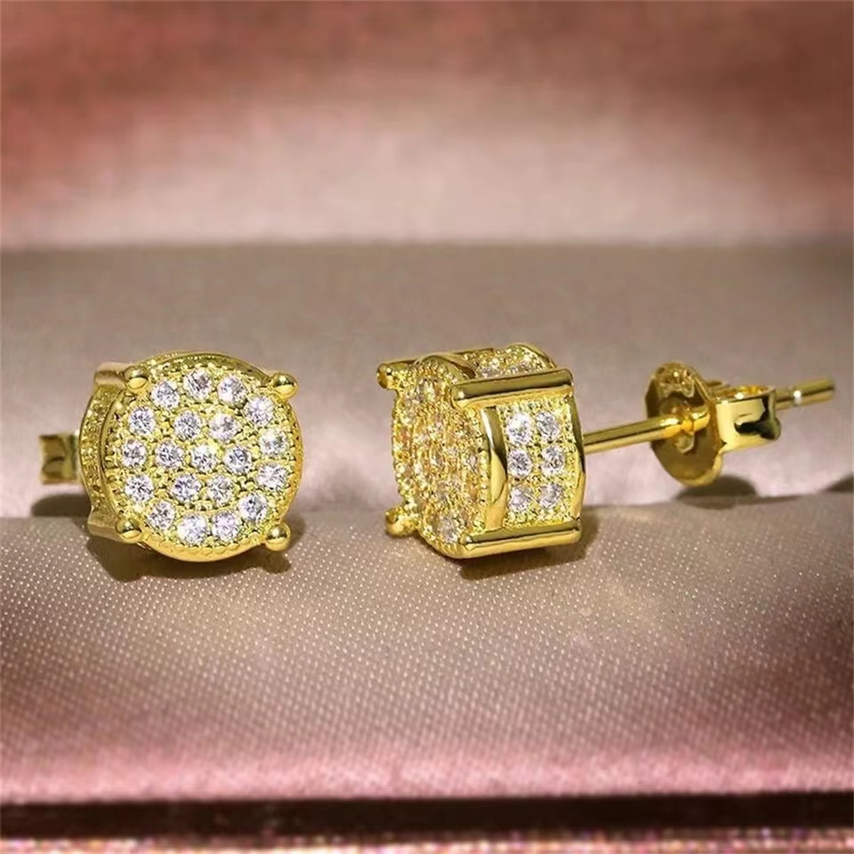 Goudkleurige vierkante oorknopjes voor dames, glanzende klassieke oorbellen met strass-steentjes, kleine oorbellen, sieraden, goudkleurige ronde oorknopjes: Default Title