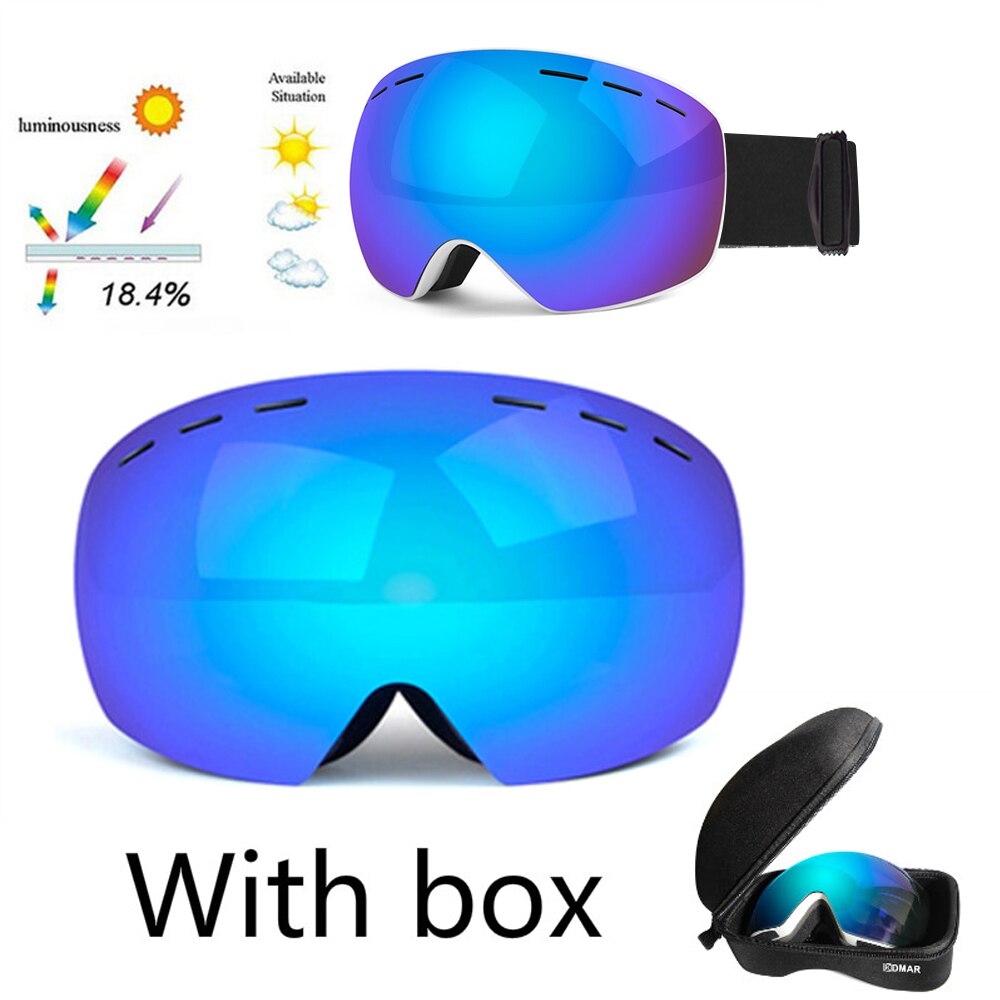 Skibriller uv400 sfæriske dobbeltlag anti-tåge beskyttelse holder varme store linser sne glasessnogbræt sne beskyttelsesbriller: Blå med kasse