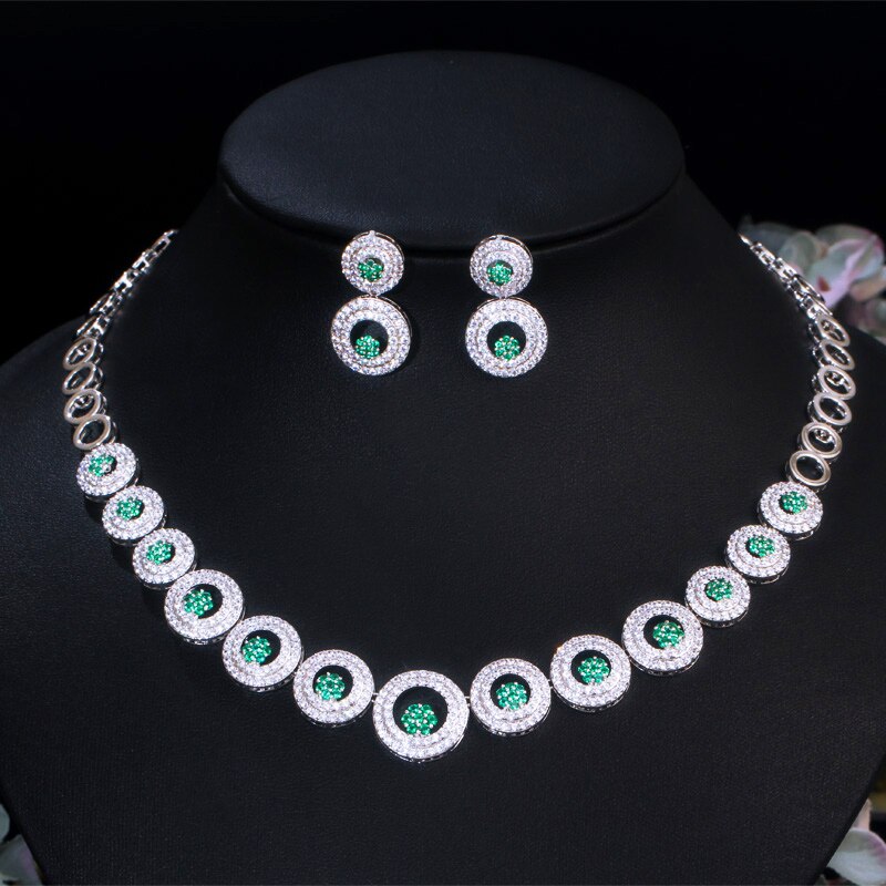 CWWZircons vert cubique Zircon pierre grandes boucles d'oreilles rondes et collier de ensemble de bijoux de mariée accessoires de fête de bal T444: green
