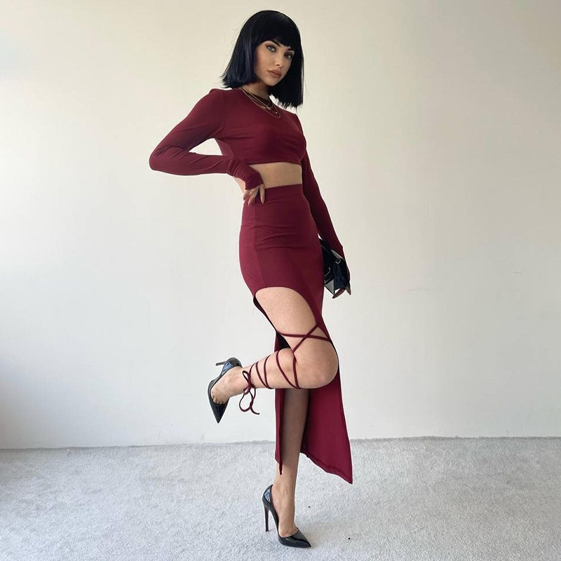 CUTENOVA – pull à manches longues, haut court Simple, taille élastique, col licou, fente haute, sans jambes, cravate Sexy, couleur unie, demi-jupe