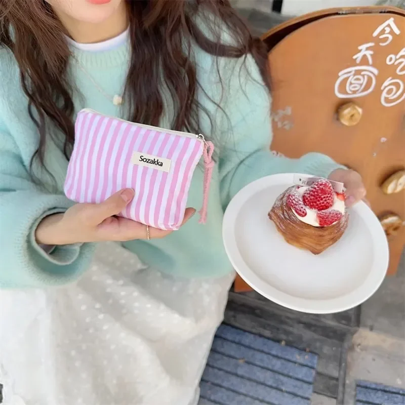 Rosa Streifen Münztüte Geldbörse Frauen Münze Geld Kartenhalter Einfache Lippenstift Kosmetiktasche Reißverschluss Schlüsselaufbewahrungstasche für Art Mädchen