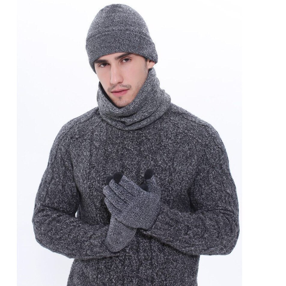 3 st/set mössor halsdukshandskar par vinter vindtäta tjocka halsdukar kit stickad plus sammetsmössa scarfset för män