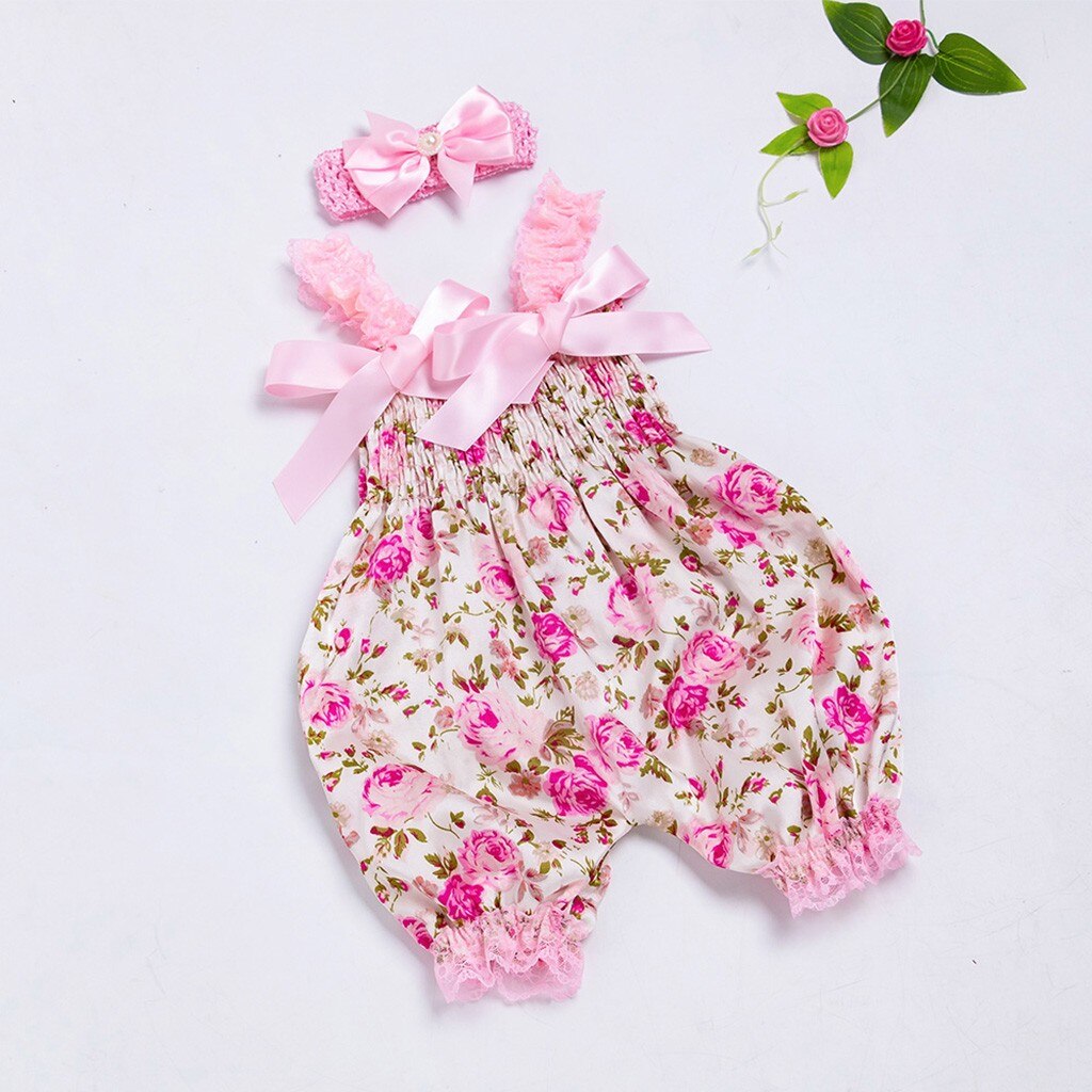 Peuter Baby Jongens Meisjes Bloemen Romper Baby Meisje Bodysuits Tops Bloemenprint Jumpsuit + Hoofdband Set 2 Stuks Outfits Casual zuigeling