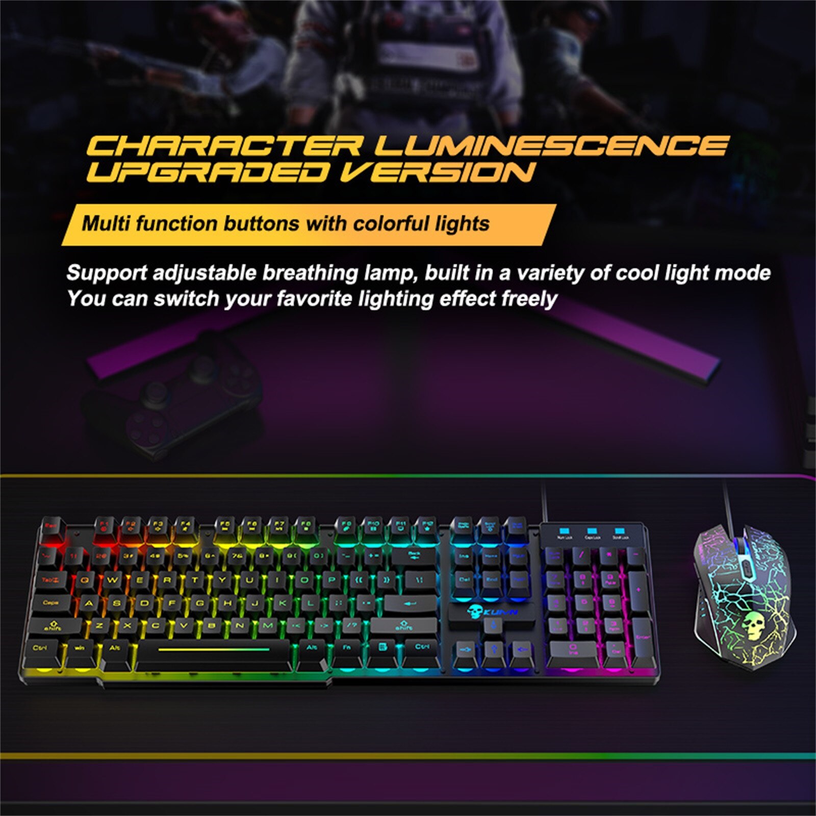T6 Wired Gaming Keyboards 2400DPI Gaming Mouse Combo with Mouse Pad Rainbow Multi Backlight USB Wired Gaming Mouse Set #BL2
