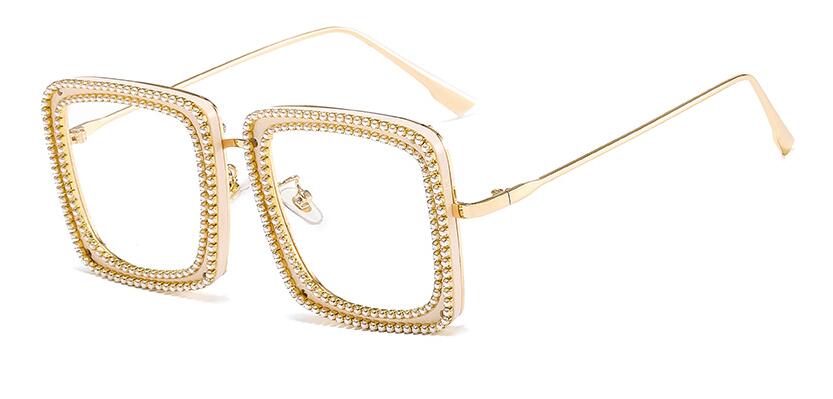 Brilmontuur met strass, heldere glazen, vierkante bril, metalen montuur, optische bril zonder sterkte, transparante bril: Beige helder