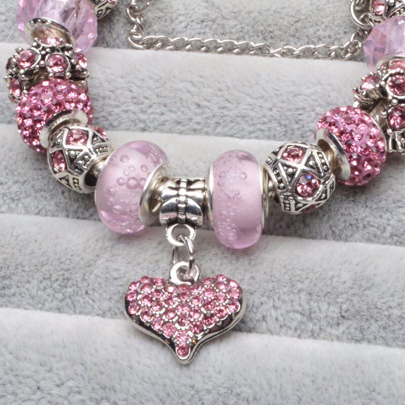 Roze kristallen liefdeshart bedelarmband voor vrouwen, europese doe-het-zelf kralenarmbanden en bangles als verliefde stellen pulseira