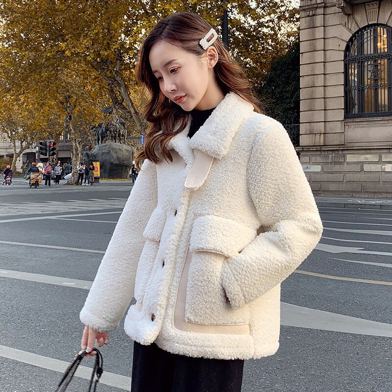 дубленка женская Korean Thick Wool Jacket Warm Women&#39;s Winter Sheepskin Coat One Piece Fur Coats All-Match Traf