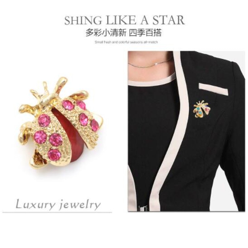 WKOUD 1Pcs Small Ladybird Colorful Crystal Rhinestones Brooch Pins For Women Or Girls