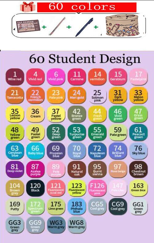 Touchfive Permanente Markers Alcohol Inkt Markers Borstel Dual Tips Professionele Tekening Marker Set Art 40/60/80/168 kleuren: 60 student design