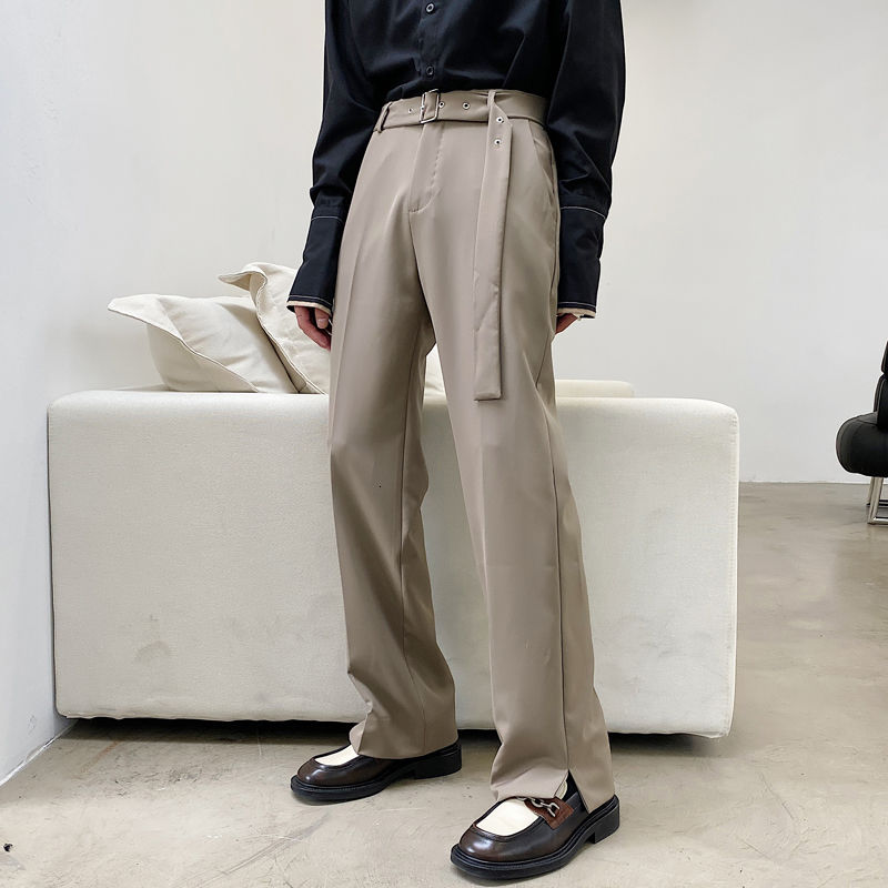 Pantalones de traje coreanos de otoño para hombre, pantalones informales de negocios de Color sólido a la ajustados, pantalones de vestir rectos para hombre con cinturón de calle: Apricot / XL