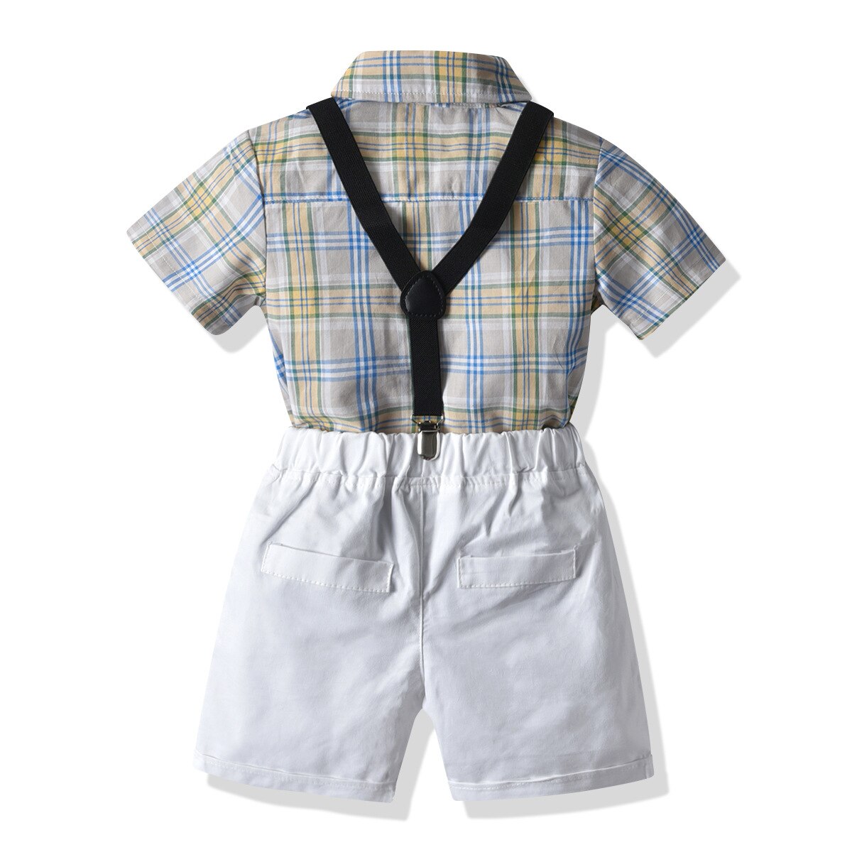 Jongen Trouwpak Jongens Plaid Korte Mouwen Bretels Shorts Gentleman Vier Stuk Kinderen Zomer Pak jongen Kleding