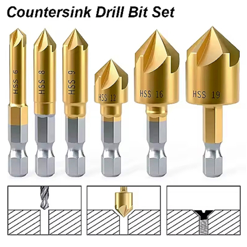 Woodwork Drill Bit Set Titanium Coat Counter Sink Wood Hole Cutter Metal Plastic 5 Flute Chamfer Ream 90 Degree Tool