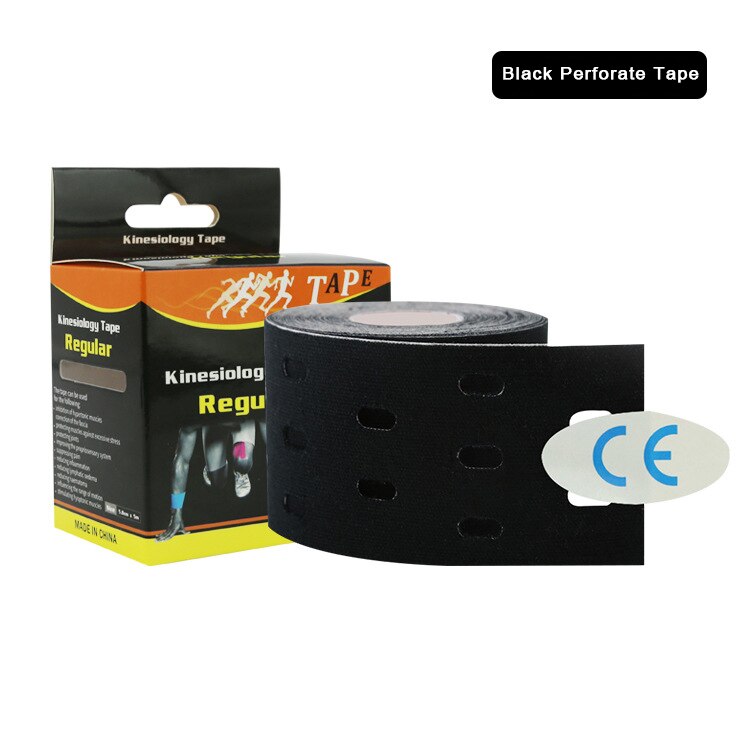 5cm * 5m ulepszona Pre Cut taśma mięśniowa elastyczna rolka Sport Kneepad wewnętrzna bawełna elastyczny klej Sport kinezjologia Patch uraz: Black Perforate Tape