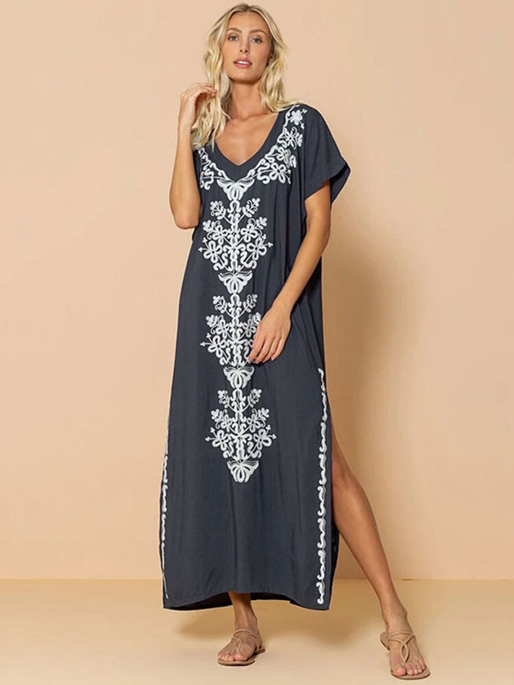 Beach Long Dress Oversized V Neck Short Sleeve Summer Dress Batwing Sleeve Embroidery Maxi Dress Loose Beach Cover Up: Dark Grey