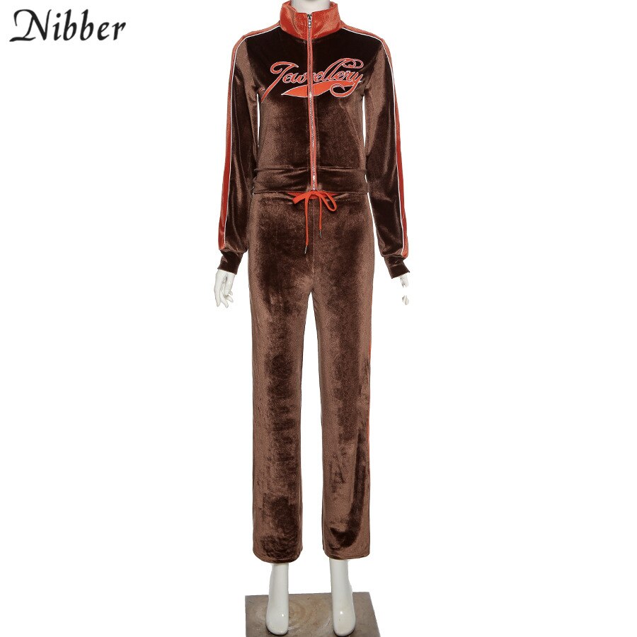 Nibber-chándal de terciopelo con cremallera para mujer, chaqueta + Pantalones, 2 conjuntos de dos piezas, para Fitness, ropa informal de calle: Marrón / L