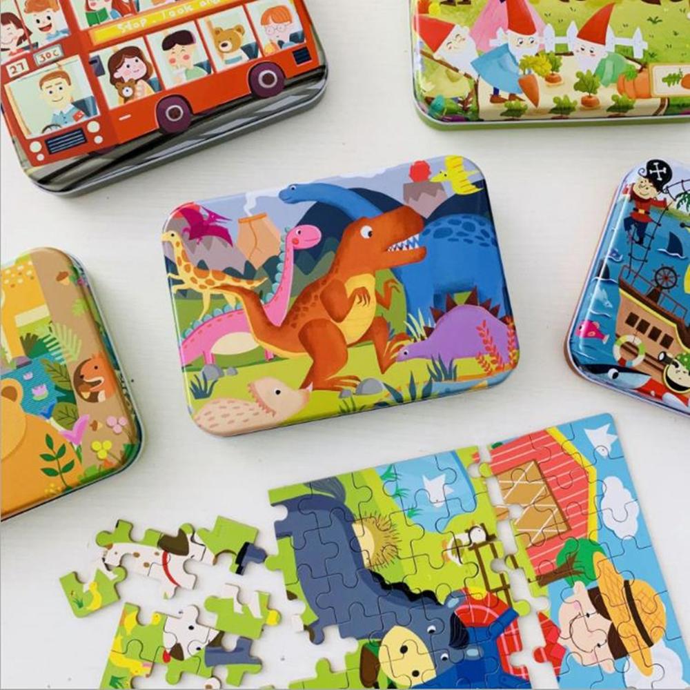 120 stück Eisen Box Verpackung Holz Cartoon Puzzle Spielzeug Kinder Intelligenz Entwicklung Tangram Und Jigsaw Puzzle Spielzeug