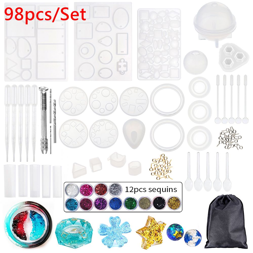 Mixed Style Jewelry Epoxy Casting Molds Tools Set Silicone UV Casting Tools Clay Resin Casting Molds For Jewelry making DIY: 98pcs set