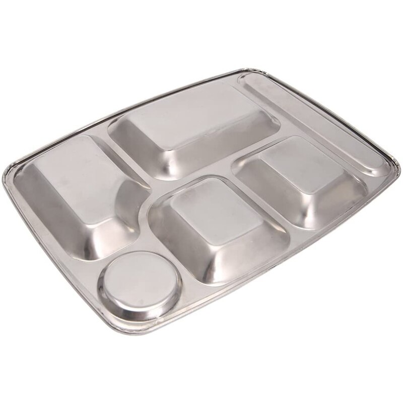 -Stainless Steel Divided Dinner Tray Lunch Container Food Plate 6 Grids