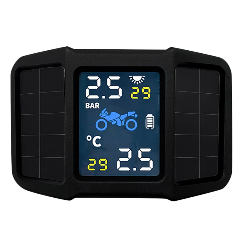 Newsolar opladning motorcykel tpms motordæktryk temperaturovervågning alarmsystem med 2 eksterne sensorer