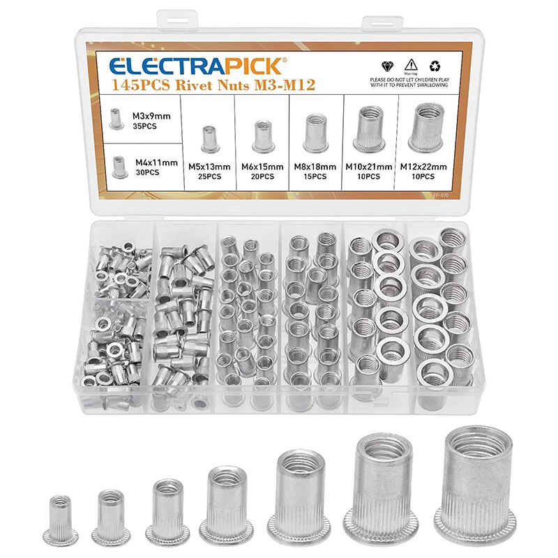 145Pcs M3 M4 M5 M6 M8 M10 M12 Aluminum Rivet Nut Blind Nuts Threaded Insers Crimp Nut Flat Head