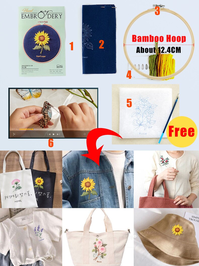 Beginner Embroidery Kit Flowers Pattern Diy Embroidery Full Kits Embroidered On Clothes Cross Stitch Sewing Embroideri With Hoop