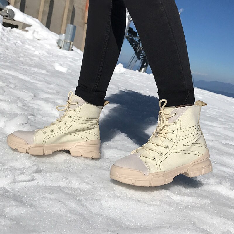 Sapatas de lona de Inverno Mulheres Plataforma Rendas até Botas de Neve Sola de Borracha Sapatos De Caminhada Ao Ar Livre Sapatos de Algodão Quentes Ankle Boots de Camurça Tamanho 35-40