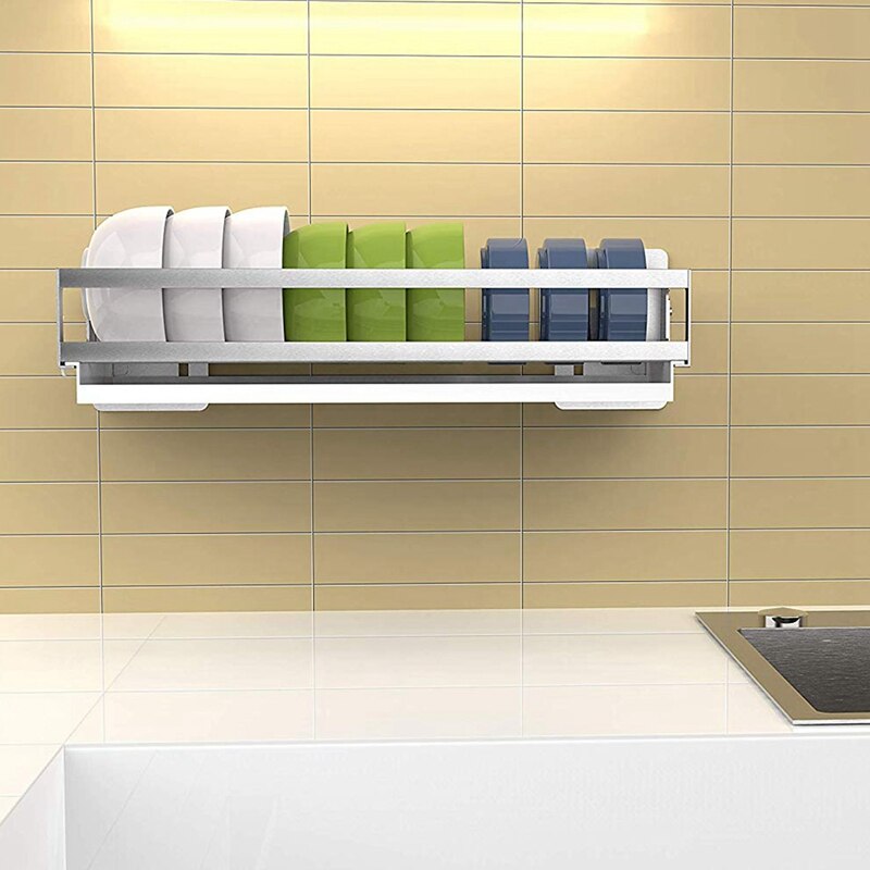 Afdruiprek voor aan de muur gemonteerde plank, roestvrijstalen multifunctionele afdruiprek voor in de keuken, kommenrek met afdruipplaat