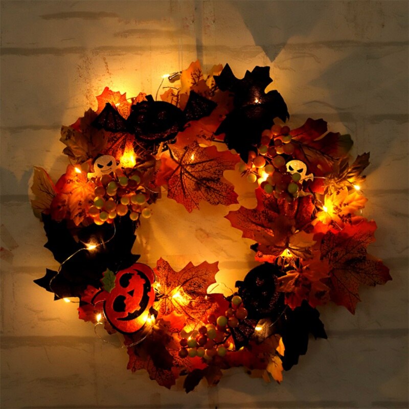 Herfstkrans voordeurdecoraties met hanger, 45 cm Halloween-kransdecoraties kersthuisdecoratie, herfstkrans met kunstmatige pompoen esdoorn goudbladeren en dennenappel (geel, 40 cm
