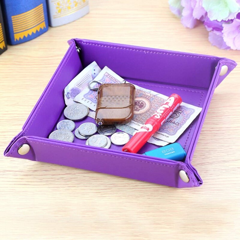 Xrhyy pu læder kammertjener bakke terningeholder multi-brug catchall bakke desktop natbord organisator sengekant caddy til kontoret eller hjemmet: Lilla