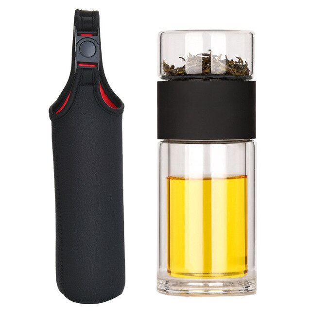 Dobbelt Glas Vandflaske med Etui Te Drik Flaske Infuser Tumbler Drinkware Vandflaske Miljøvenlig: Sort med etui