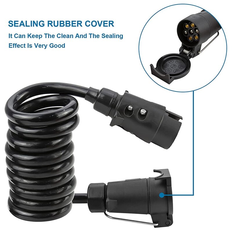 3 Meters 7Pin Trailer Extension Coiled Cable with Trailer Plug Socket Connector, 7 Core RV Electrical Cable Connector