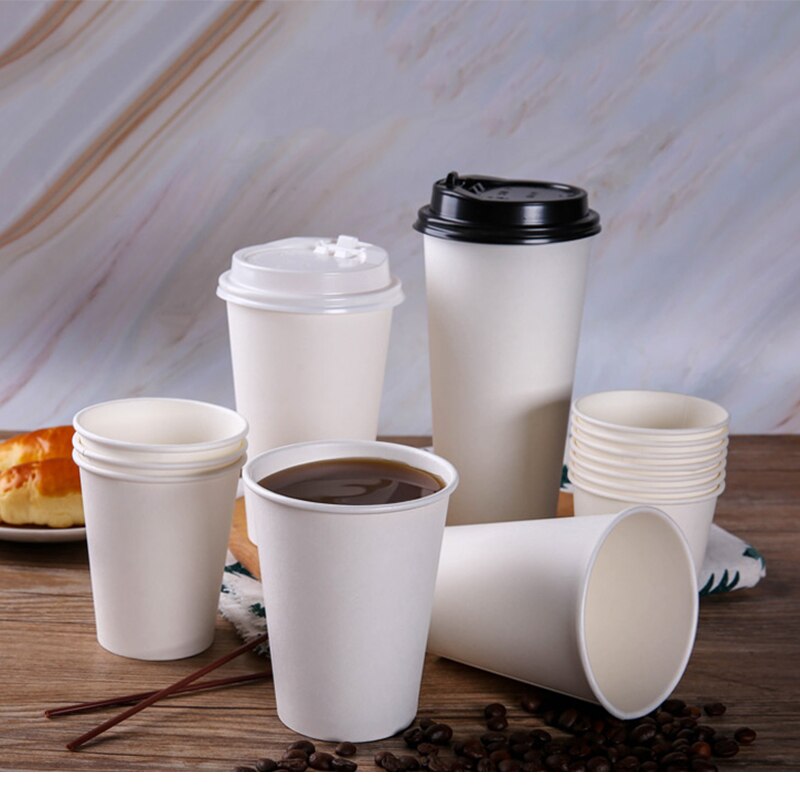 50pcs/pack White Paper Cups With Lid Disposable Coffee Cup Milk Tea Cup Household Office Drinking Accessories Party Supplies