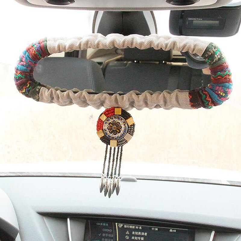 Retro bohemen bil bakspejldæksel indvendigt tilbehør universal perle rhinestone bil spejl dekoration til kvinder piger: Beige