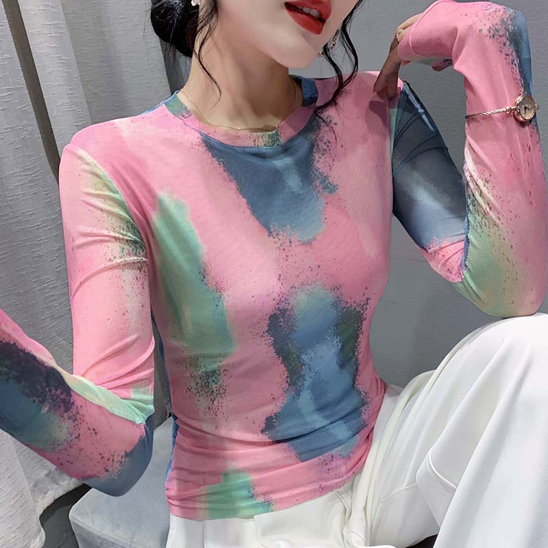 Størrelse s -3xl dame o-hals myke t-skjorter med lange ermer dame elastiske trykte nettingtopper t-skjorter dame t-skjorte