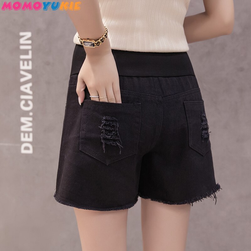 Pantalones vaqueros de maternidad para mujer, pantalones cortos de tela vaquera con cintura elástica, ropa para embarazadas, color blanco y negro