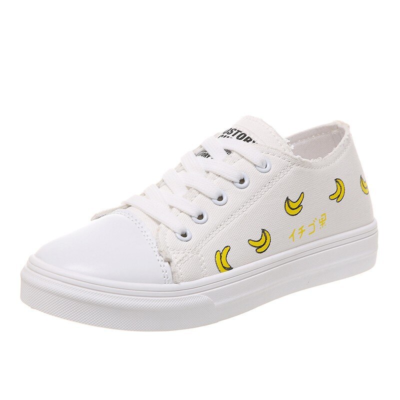 Autumn spring white shoes women flat bottom lace-up rubber strawberry canvas shoes students casual shoes women C593
