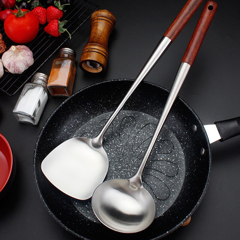 304 Stainless Steel spatula spoon with wooden handle lengthened cooking spoon anti-scalding cooking shovel kitchenware