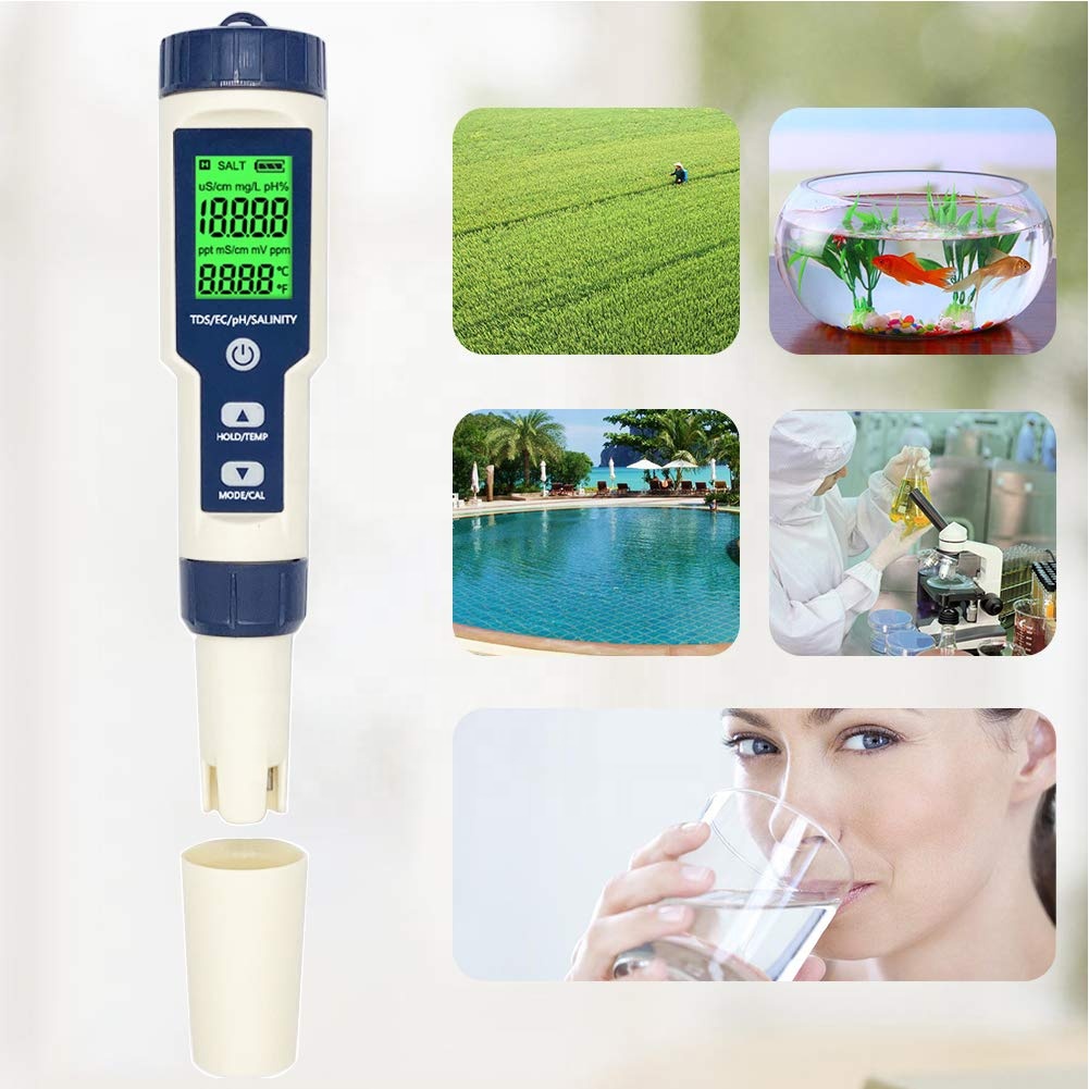 Ph Meter 5-In-1 Ph/Tds/Ec/Zoutgehalte/Temp Meter Water Quality Tester voor Voedsel Drinkwater Aquaria