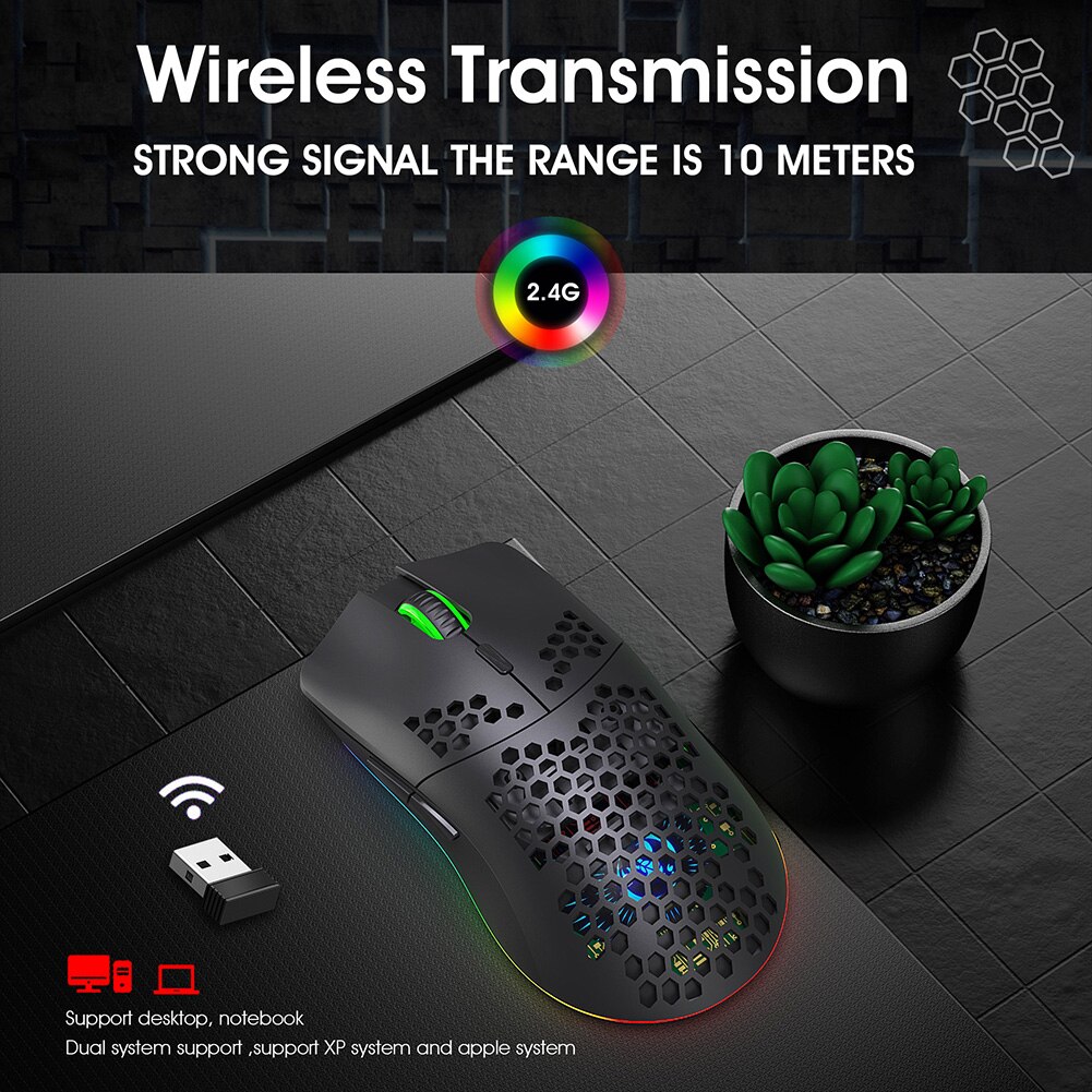 T66 Wireless Gaming Mouse Honeycomb Shell Rechargeable Optical Mice for PC Laptop Computer Ergonomic Mice Silent