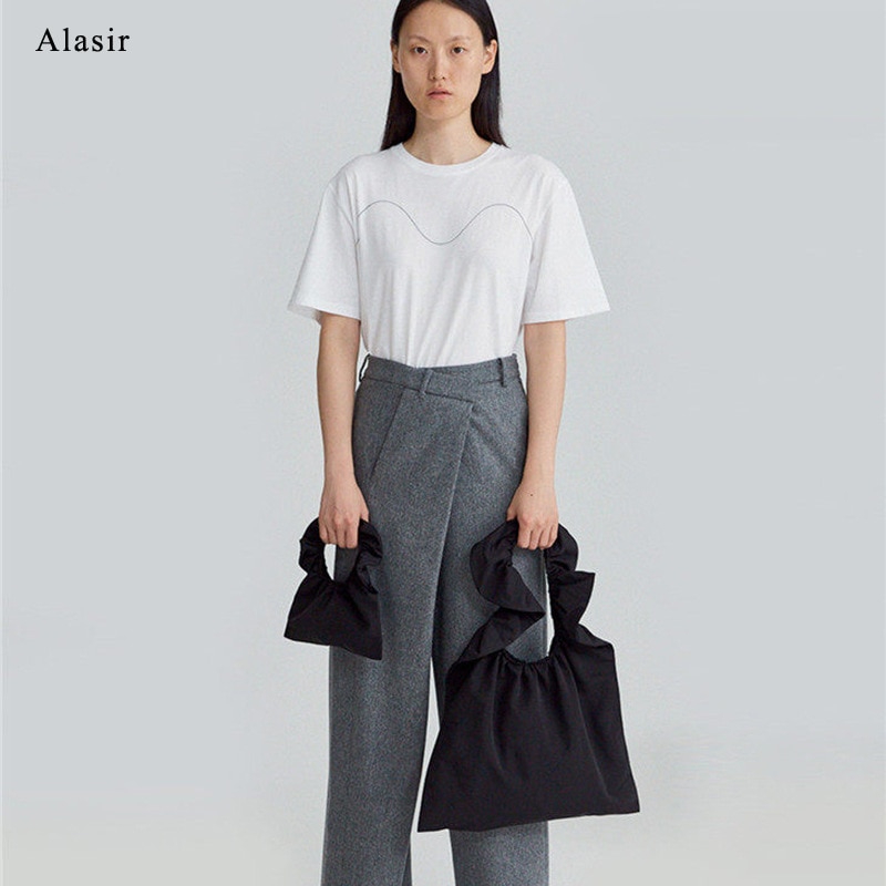 Alasir flæser afslappet tote tasker lærred romantiske kvinder håndtasker ins solide skuldertasker søde ruched mini enkle tasker til damer