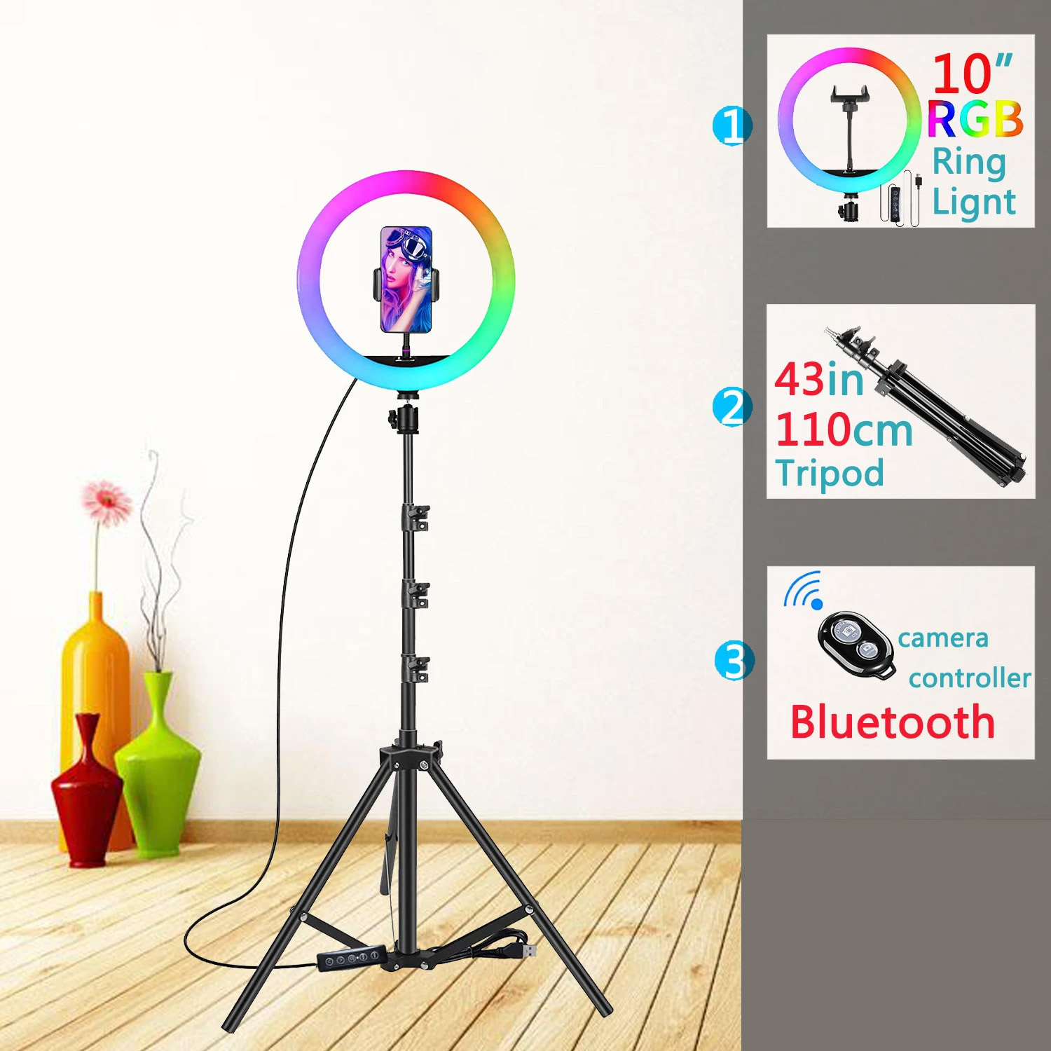 10 pollici RGB Selfie Ring Light Treppiede Supporto per telefono Fotografia RingLight Cerchio Luce di riempimento Lampada a colori a LED Trepied Makeup