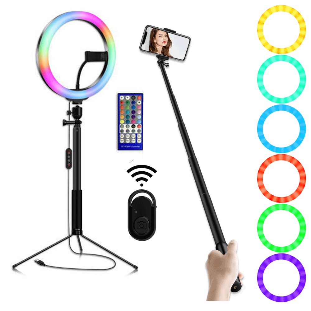 10" Selfie Ring Light Bluetooth Extendable Tripod Stands Phone Holder LED RGB Camera Halo Light for Photography With Remote