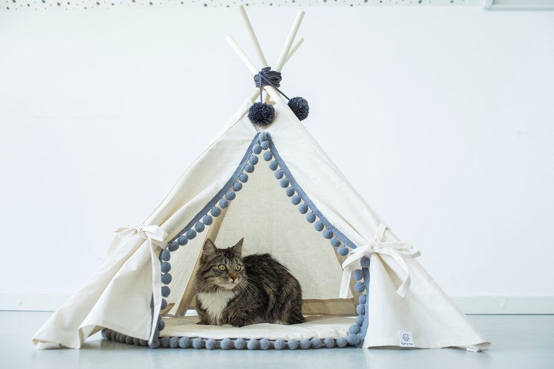 Natural Canvas Pompoms dog teepee pet tent pet teepee tent dog tipi rabbit teepee