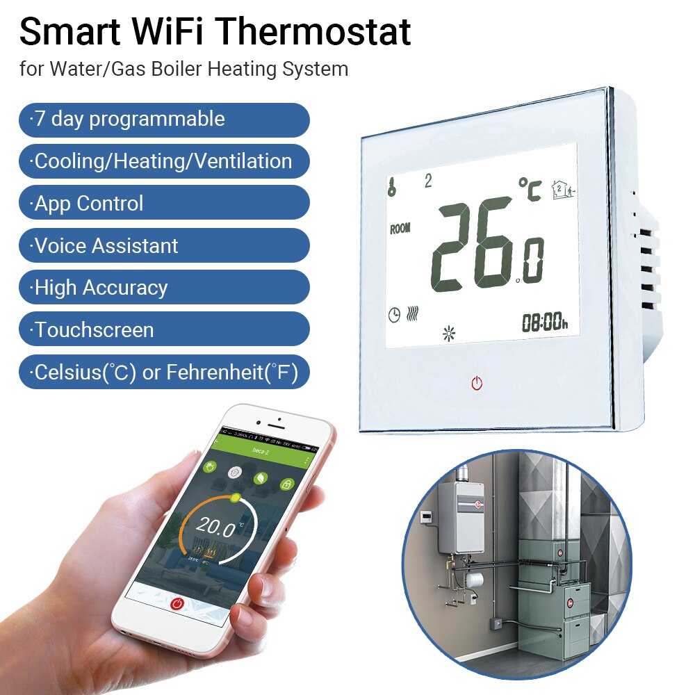 Programmeerbare thermostaat voor thuis met wifi voor water/gasboiler, slimme touchscreen thermostaat voor alleen verwarming met app en spraakbediening: Wit met wifi