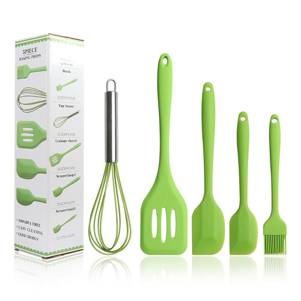 Kitchen Cookware Silicone Kitchenware Non-stick Cookware Cooking Tool Spatula Egg Beaters Whisk Leaking Shovel Utensils Set: green