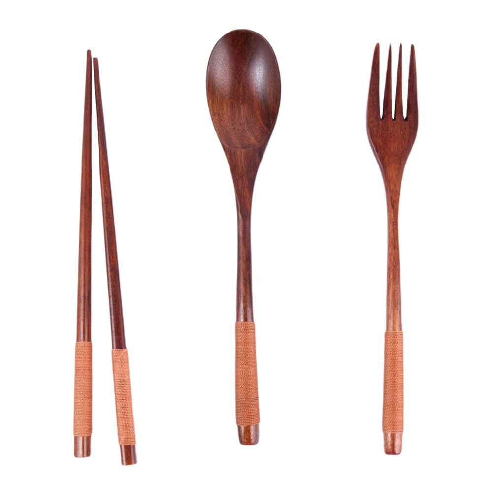 Chinese Tableware Set Wooden Spoon Fork Chopsticks Portable Easy to Clean Travel Dinnerware Suit