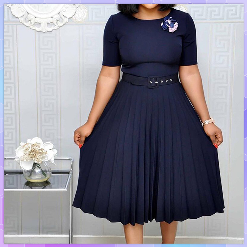 Summer Plus Size Pleated S-5Xl Dress Ladies O-Neck Short Sleeve Solid With Belt Mid-Calf Office Lady Dresses For Women